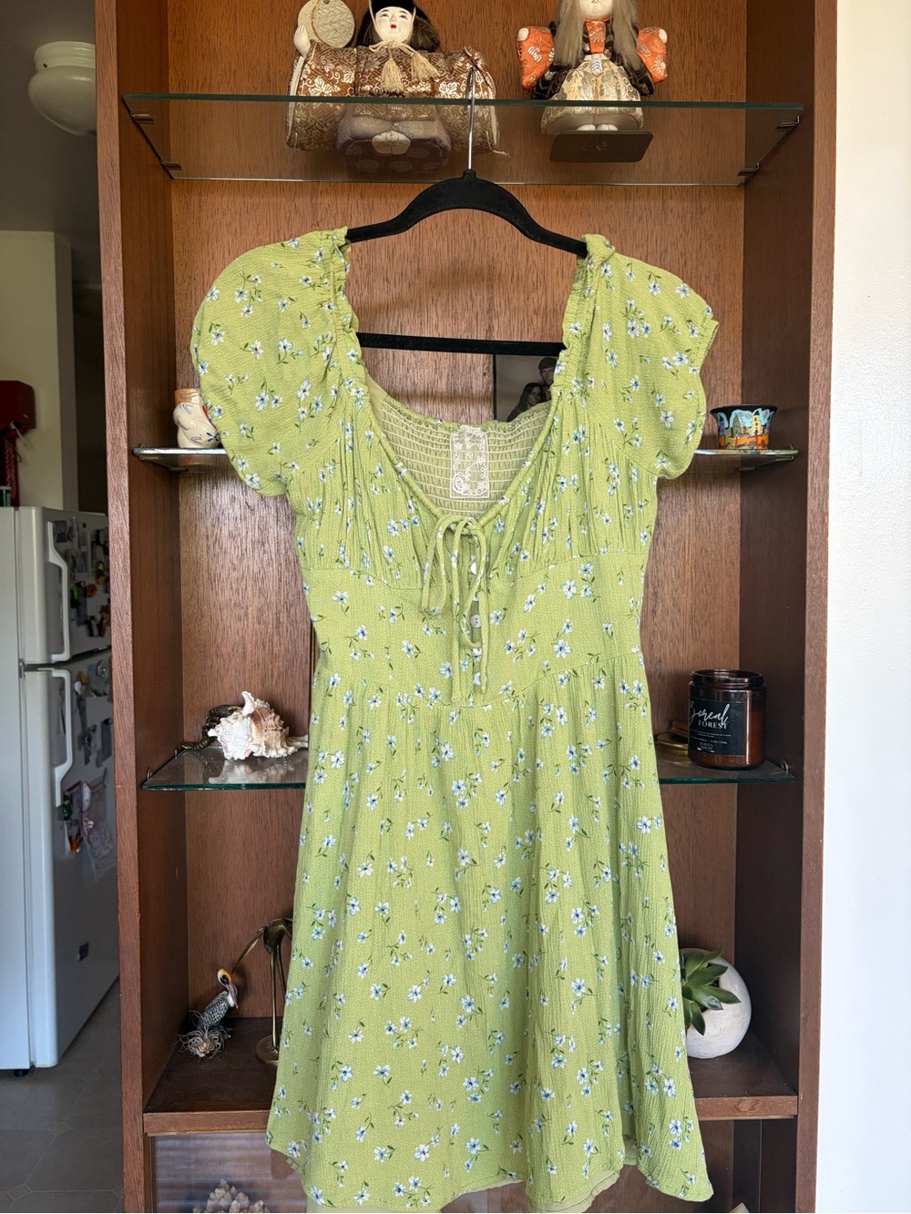 Smocked Olive Green Women's Tunic Top with Lace Yoke